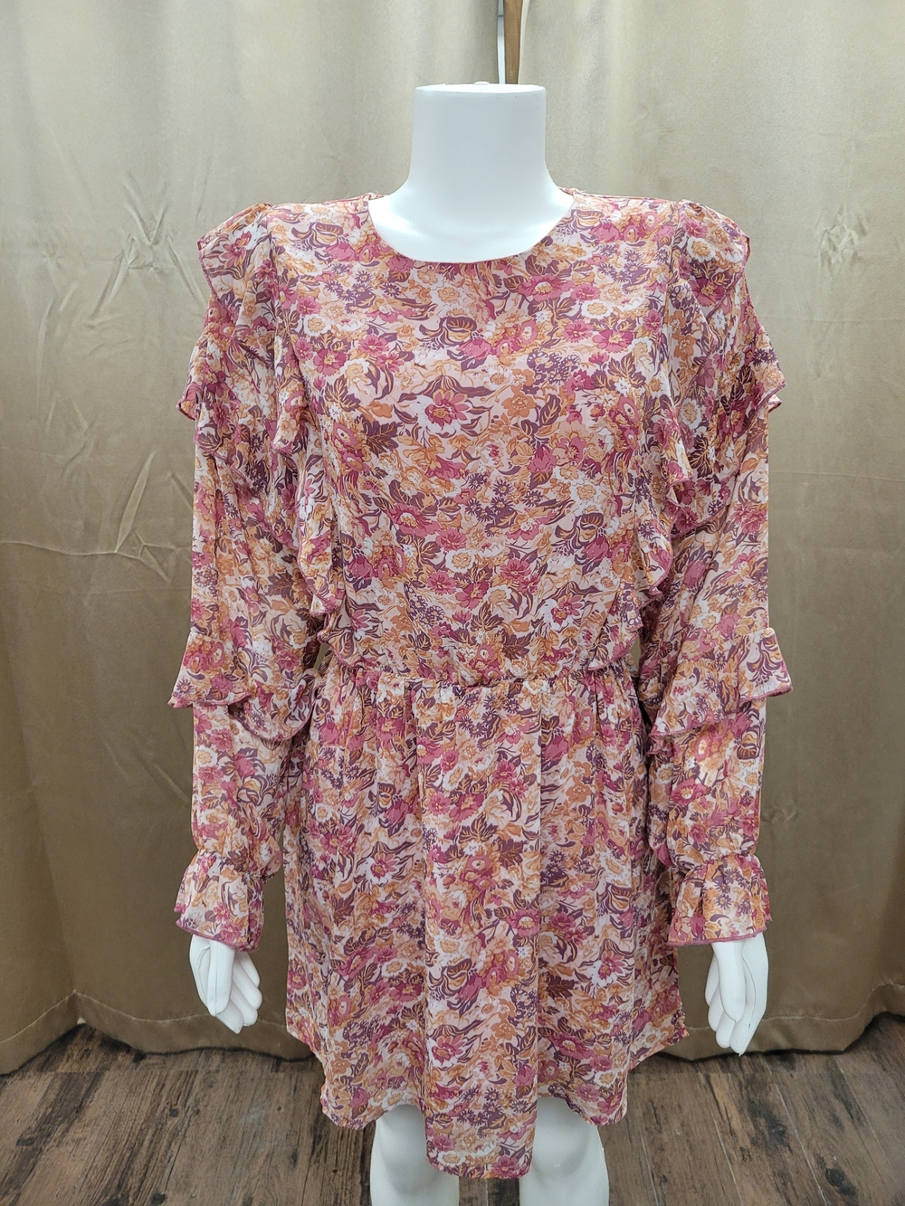 Floral Ruffle Long-Sleeve Mini Dress - Pink Floral